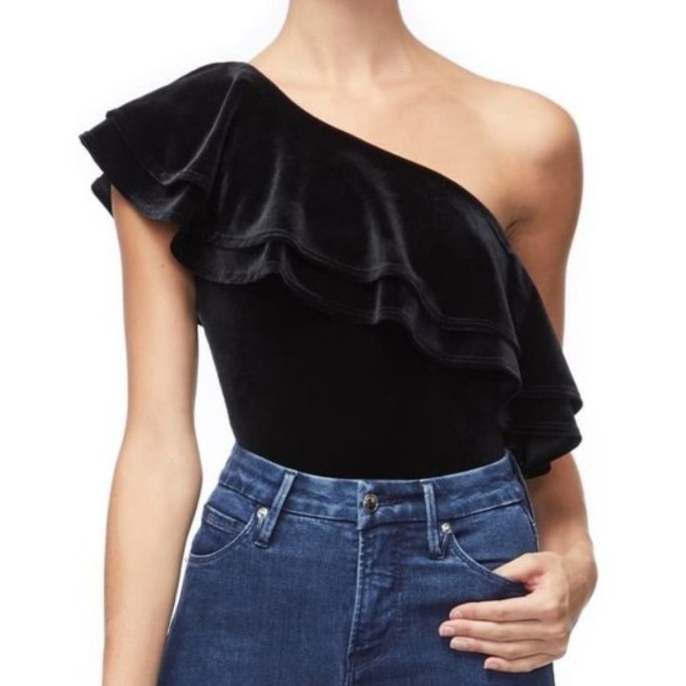 Good American Velvet Ruffle One Shoulder Bodysuit - Picture 2 of 14